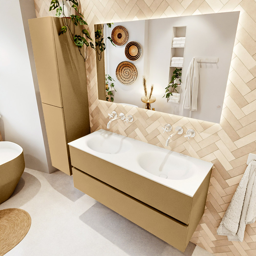 MONDIAZ VICA 120cm mueble de baño Oro 2 cajones. Lavabo MOON Doble sin orificio color Talc con espejo LED. 1 MONDIAZ VICA 120cm mueble de baño Oro 2 cajones. Lavabo MOON Doble sin orificio color Talc con espejo LED.