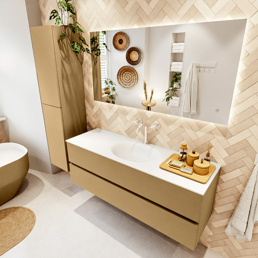MONDIAZ VICA 140cm mueble de baño Oro 2 cajones. Lavabo MOON Centro 1 orificio color Talc con espejo LED. 1 MONDIAZ VICA 140cm mueble de baño Oro 2 cajones. Lavabo MOON Centro 1 orificio color Talc con espejo LED.