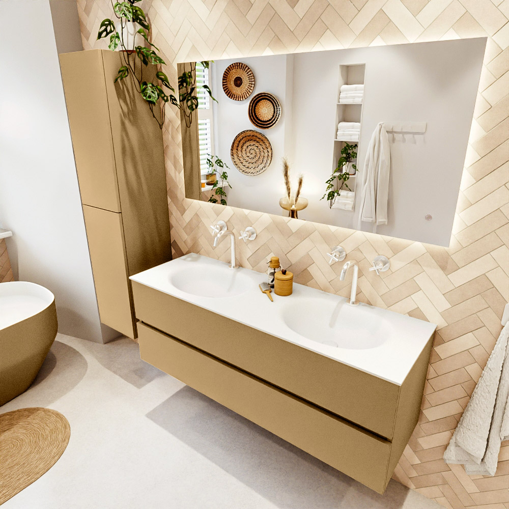 MONDIAZ VICA 140cm mueble de baño Oro 2 cajones. Lavabo MOON Doble 2 orificios color Talc con espejo LED. 1 MONDIAZ VICA 140cm mueble de baño Oro 2 cajones. Lavabo MOON Doble 2 orificios color Talc con espejo LED.