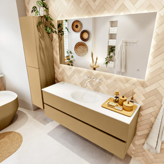 MONDIAZ VICA 140cm mueble de baño Oro 2 cajones. Lavabo MOON Centro sin orificio color Talc con espejo LED.