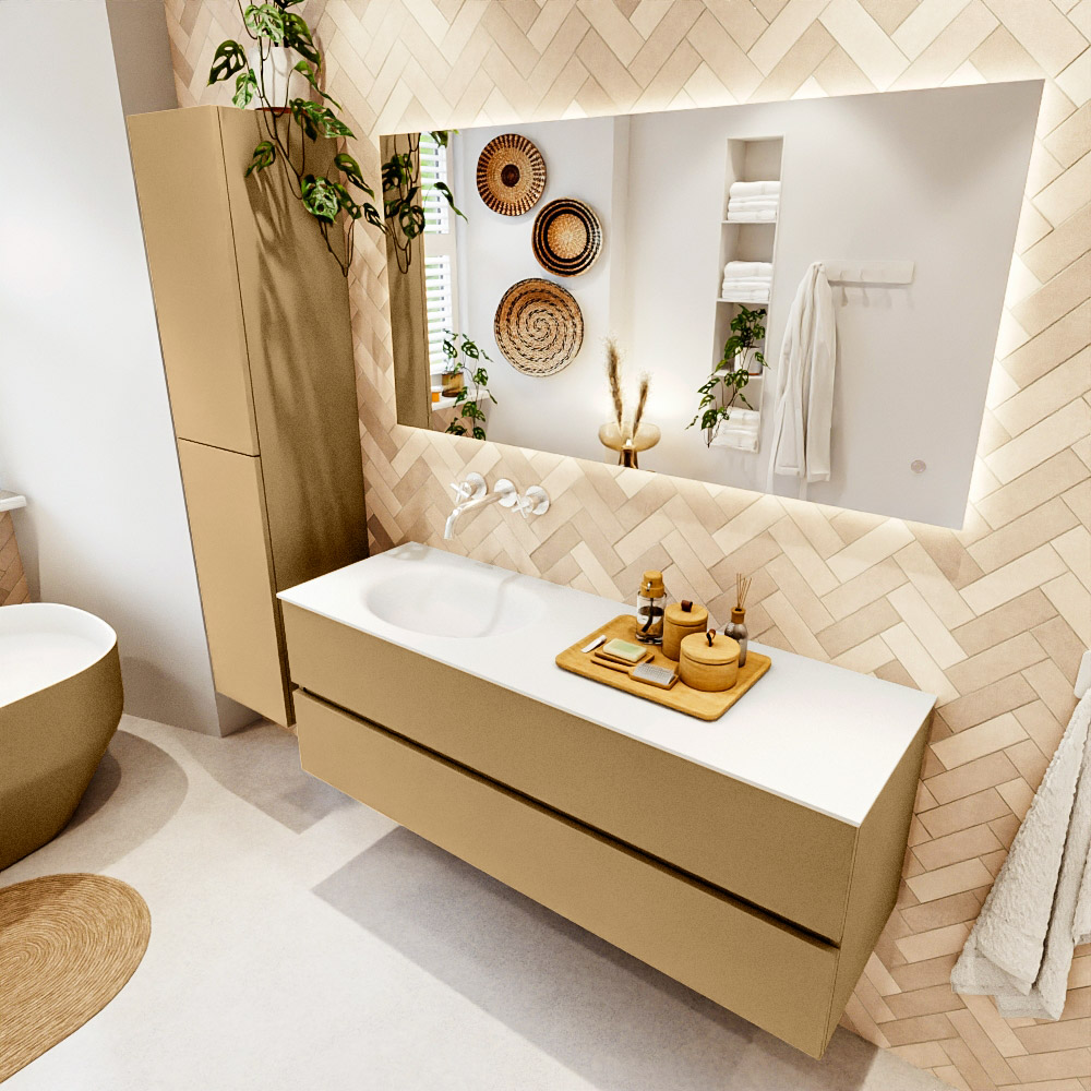 MONDIAZ VICA 140cm mueble de baño Oro 2 cajones. Lavabo MOON Izquierda sin orificio color Talc con espejo LED. 1 MONDIAZ VICA 140cm mueble de baño Oro 2 cajones. Lavabo MOON Izquierda sin orificio color Talc con espejo LED.