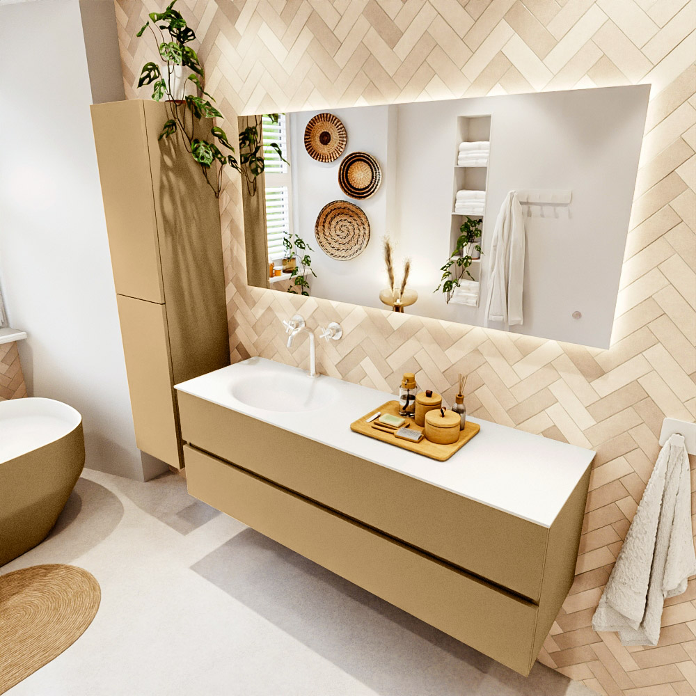 MONDIAZ VICA 150cm mueble de baño Oro 2 cajones. Lavabo MOON Izquierda 1 orificio color Talc con espejo LED. 1 MONDIAZ VICA 150cm mueble de baño Oro 2 cajones. Lavabo MOON Izquierda 1 orificio color Talc con espejo LED.