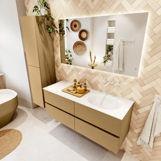 MONDIAZ VICA 130cm mueble de baño Oro 4 cajones. Lavabo MOON Derecho sin orificio color Talc con espejo LED.