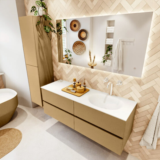 MONDIAZ VICA 140cm mueble de baño Oro 4 cajones. Lavabo MOON Derecho 1 orificio color Talc con espejo LED.