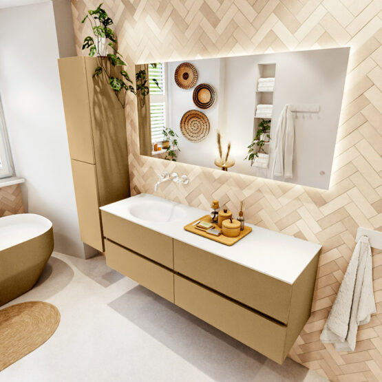 MONDIAZ VICA 150cm mueble de baño Oro 4 cajones. Lavabo MOON Izquierda sin orificio color Talc con espejo LED.