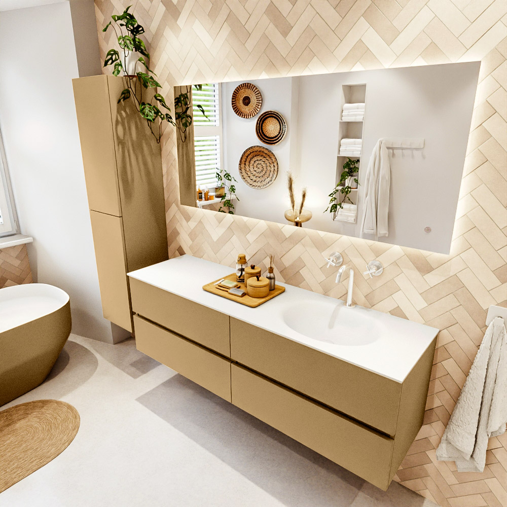 MONDIAZ VICA 160cm mueble de baño Oro 4 cajones. Lavabo MOON Derecho 1 orificio color Talc con espejo LED. 1 MONDIAZ VICA 160cm mueble de baño Oro 4 cajones. Lavabo MOON Derecho 1 orificio color Talc con espejo LED.