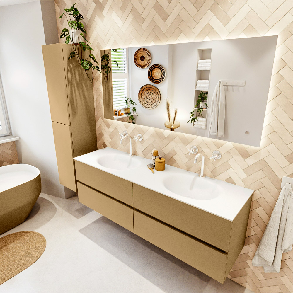 MONDIAZ VICA 160cm mueble de baño Oro 4 cajones. Lavabo MOON Doble 2 orificios color Talc con espejo LED. 1 MONDIAZ VICA 160cm mueble de baño Oro 4 cajones. Lavabo MOON Doble 2 orificios color Talc con espejo LED.