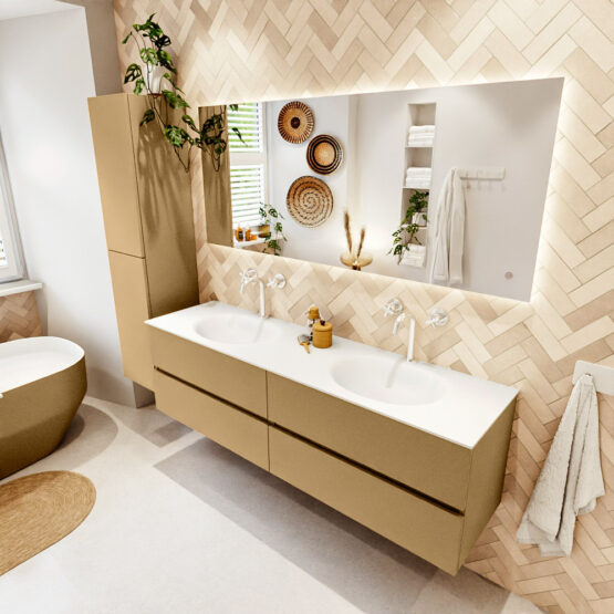 MONDIAZ VICA 170cm mueble de baño Oro 4 cajones. Lavabo MOON Doble 2 orificios color Talc con espejo LED.