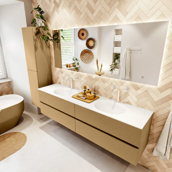 MONDIAZ VICA 190cm mueble de baño Oro 4 cajones. Lavabo MOON Doble 2 orificios color Talc con espejo LED.