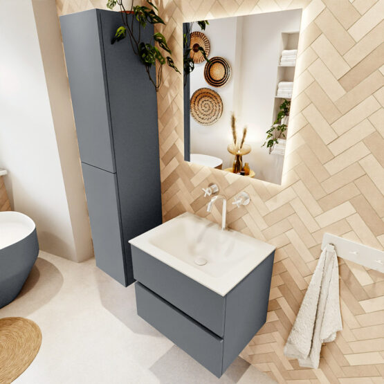 MONDIAZ VICA 60cm mueble de baño Plata 2 cajones. Lavabo CLOUD Centro 1 orificio color Talc con espejo LED.