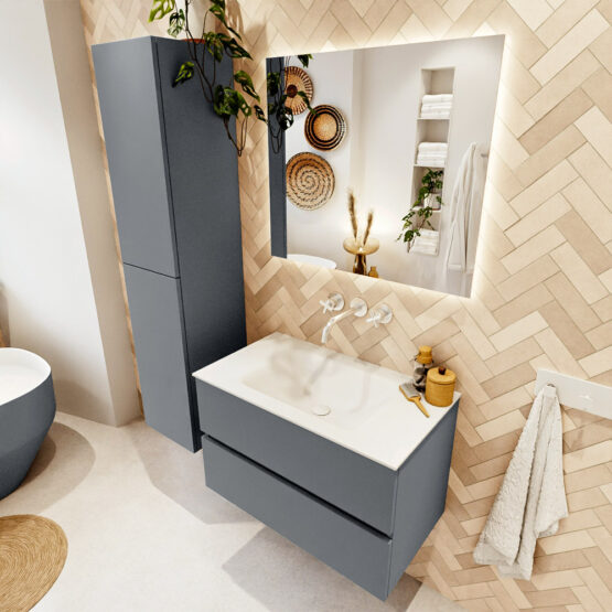 MONDIAZ VICA 80cm mueble de baño Plata 2 cajones. Lavabo CLOUD Centro sin orificio color Talc con espejo LED.