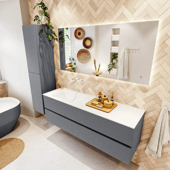 MONDIAZ VICA 150cm mueble de baño Plata 2 cajones. Lavabo CLOUD Izquierda sin orificio color Talc con espejo LED.