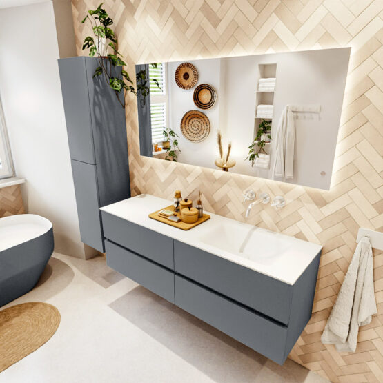 MONDIAZ VICA 150cm mueble de baño Plata 4 cajones. Lavabo CLOUD Derecho sin orificio color Talc con espejo LED.