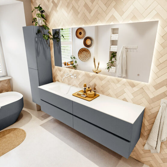 MONDIAZ VICA 180cm mueble de baño Plata 4 cajones. Lavabo CLOUD Izquierda sin orificio color Talc con espejo LED.