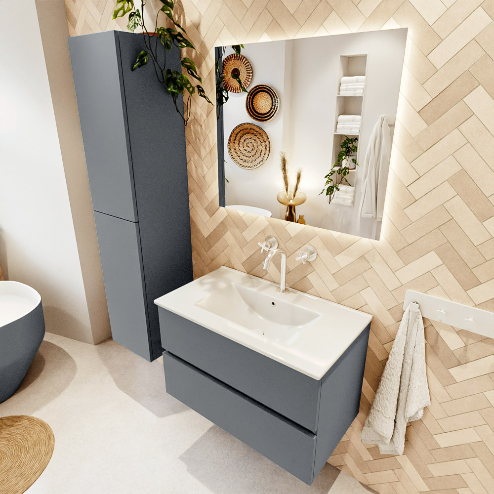 MONDIAZ VICA 80cm mueble de baño Plata 2 cajones. Lavabo DENIA Centro 1 orificio, color Blanco brillo. 1 MONDIAZ VICA 80cm mueble de baño Plata 2 cajones. Lavabo DENIA Centro 1 orificio