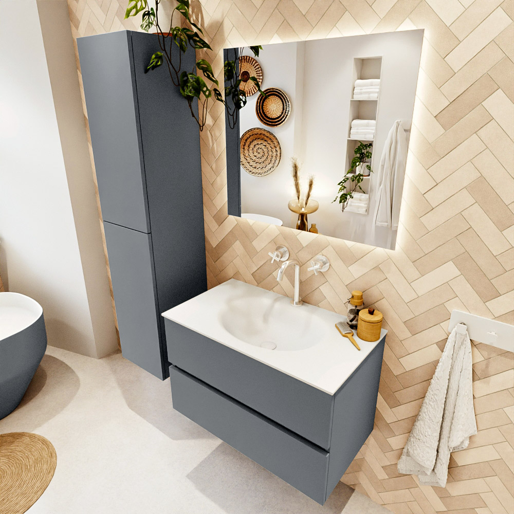 MONDIAZ VICA 80cm mueble de baño Plata 2 cajones. Lavabo MOON Centro 1 orificio color Talc con espejo LED. 1 MONDIAZ VICA 80cm mueble de baño Plata 2 cajones. Lavabo MOON Centro 1 orificio color Talc con espejo LED.