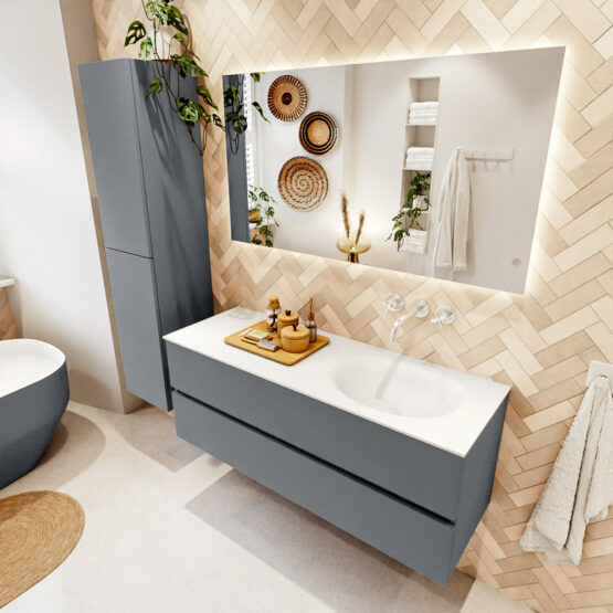 MONDIAZ VICA 130cm mueble de baño Plata 2 cajones. Lavabo MOON Derecho sin orificio color Talc con espejo LED.