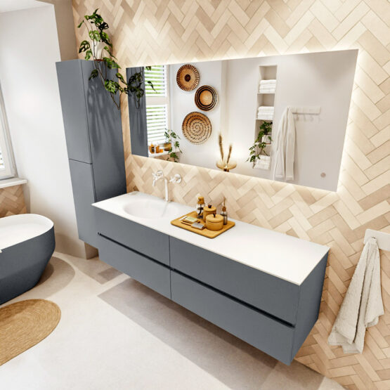 MONDIAZ VICA 170cm mueble de baño Plata 4 cajones. Lavabo MOON Izquierda 1 orificio color Talc con espejo LED.