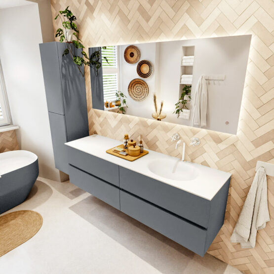 MONDIAZ VICA 170cm mueble de baño Plata 4 cajones. Lavabo MOON Derecho 1 orificio color Talc con espejo LED.