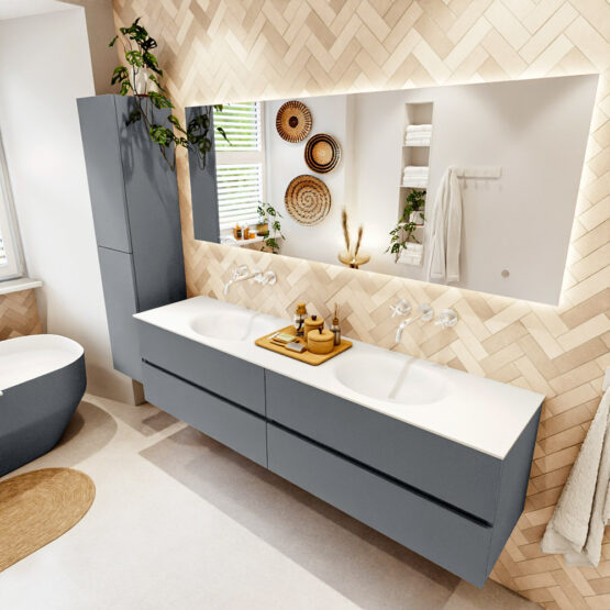 MONDIAZ VICA 190cm mueble de baño Plata 4 cajones. Lavabo MOON Doble sin orificio color Talc con espejo LED.