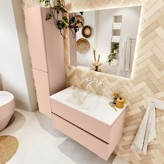 MONDIAZ VICA 90cm mueble de baño Rosee 2 cajones. Lavabo CLOUD Centro sin orificio color Talc con espejo LED.