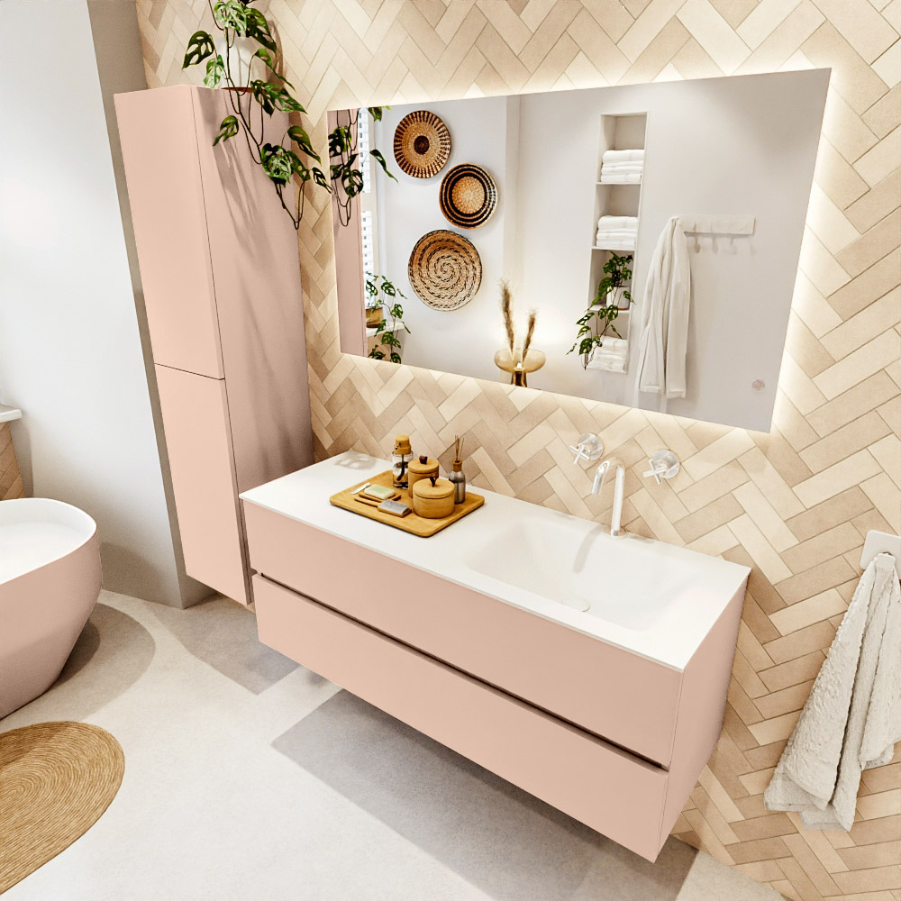MONDIAZ VICA 130cm mueble de baño Rosee 2 cajones. Lavabo CLOUD Derecho 1 orificio color Talc con espejo LED. 1 MONDIAZ VICA 130cm mueble de baño Rosee 2 cajones. Lavabo CLOUD Derecho 1 orificio color Talc con espejo LED.