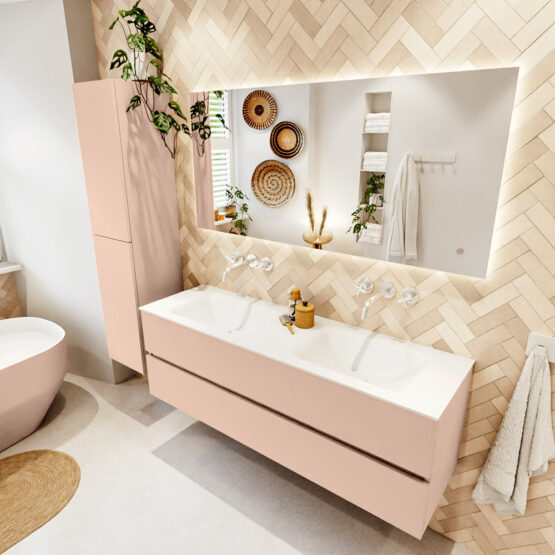 MONDIAZ VICA 150cm mueble de baño Rosee 2 cajones. Lavabo CLOUD Doble sin orificio color Talc con espejo LED.