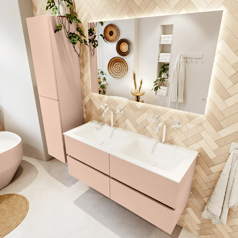 MONDIAZ VICA 120cm mueble de baño Rosee 4 cajones. Lavabo CLOUD Doble 2 orificios color Talc con espejo LED. 1 MONDIAZ VICA 120cm mueble de baño Rosee 4 cajones. Lavabo CLOUD Doble 2 orificios color Talc con espejo LED.
