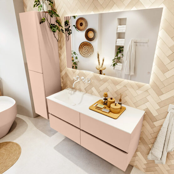 MONDIAZ VICA 120cm mueble de baño Rosee 4 cajones. Lavabo CLOUD Izquierda sin orificio color Talc con espejo LED.