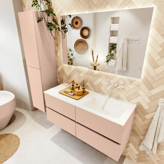 MONDIAZ VICA 120cm mueble de baño Rosee 4 cajones. Lavabo CLOUD Derecho sin orificio color Talc con espejo LED.