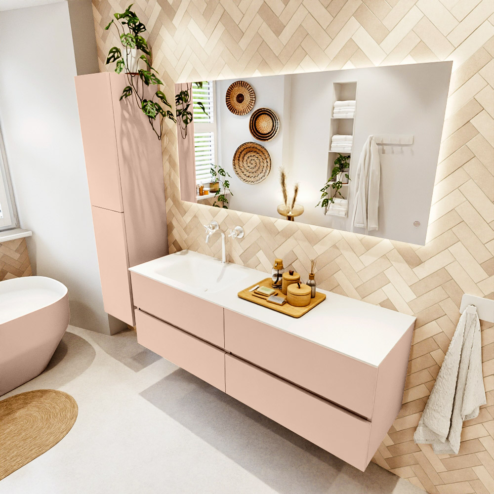MONDIAZ VICA 150cm mueble de baño Rosee 4 cajones. Lavabo CLOUD Izquierda 1 orificio color Talc con espejo LED. 1 MONDIAZ VICA 150cm mueble de baño Rosee 4 cajones. Lavabo CLOUD Izquierda 1 orificio color Talc con espejo LED.