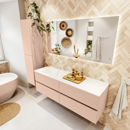 MONDIAZ VICA 150cm mueble de baño Rosee 4 cajones. Lavabo CLOUD Izquierda sin orificio color Talc con espejo LED.
