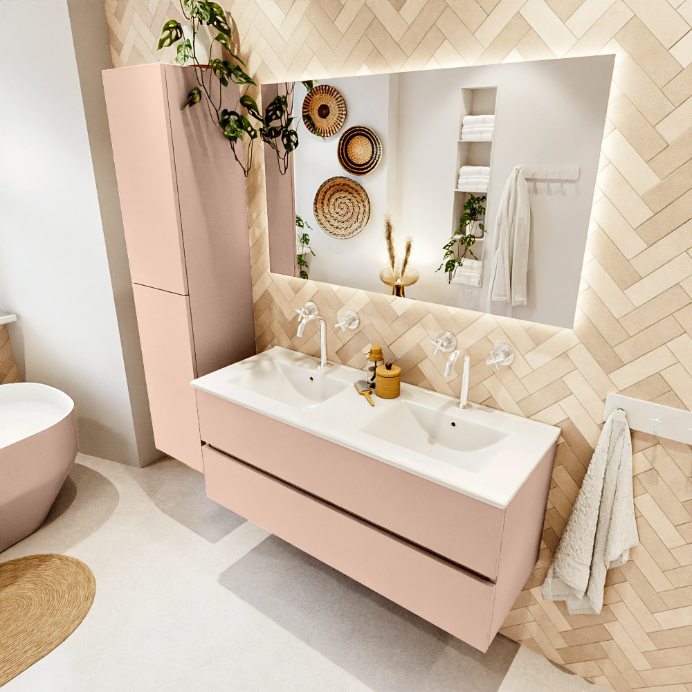 MONDIAZ VICA 120cm mueble de baño Rosee 2 cajones. Lavabo DENIA Doble 2 orificios color Blanco brillo con espejo LED. 1 MONDIAZ VICA 120cm mueble de baño Rosee 2 cajones. Lavabo DENIA Doble 2 orificios color Blanco brillo con espejo LED.