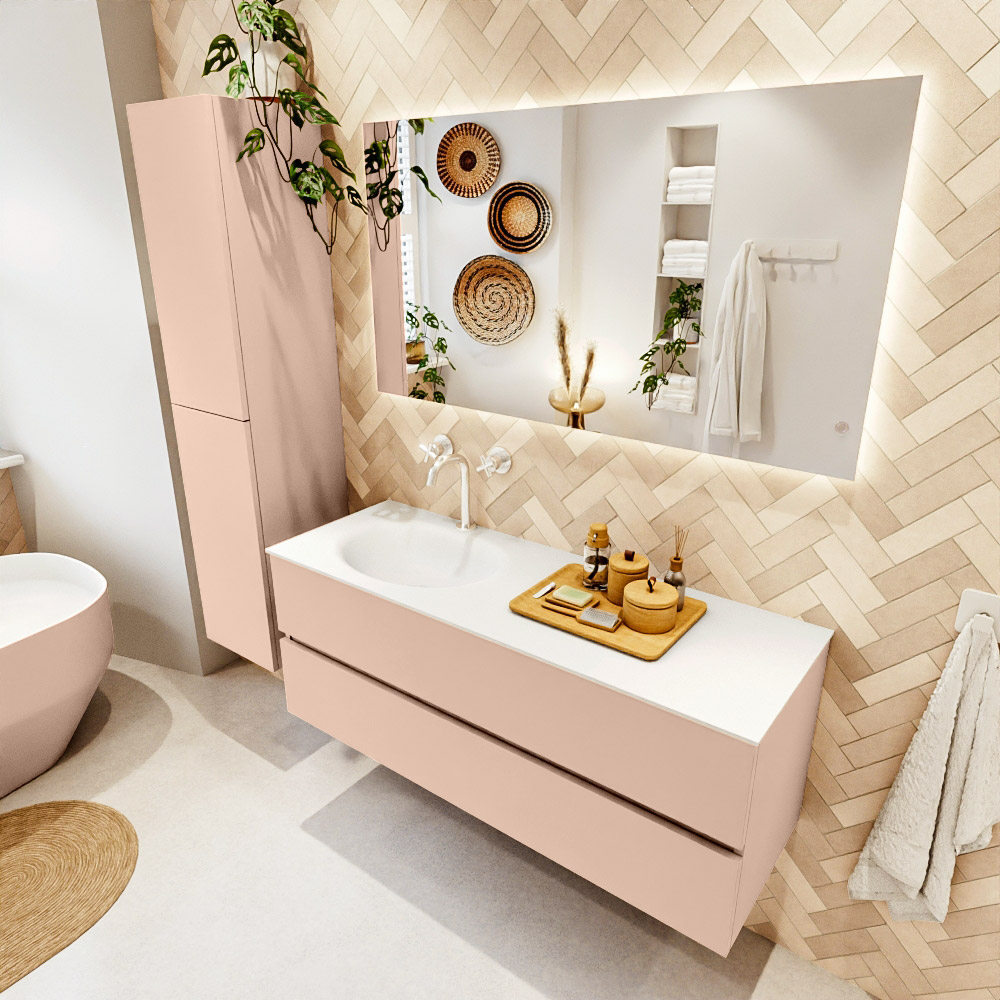 MONDIAZ VICA 130cm mueble de baño Rosee 2 cajones. Lavabo MOON Izquierda 1 orificio color Talc con espejo LED. 1 MONDIAZ VICA 130cm mueble de baño Rosee 2 cajones. Lavabo MOON Izquierda 1 orificio color Talc con espejo LED.