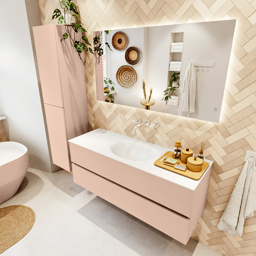 MONDIAZ VICA 130cm mueble de baño Rosee 2 cajones. Lavabo MOON Centro sin orificio color Talc con espejo LED. 1 MONDIAZ VICA 130cm mueble de baño Rosee 2 cajones. Lavabo MOON Centro sin orificio color Talc con espejo LED.