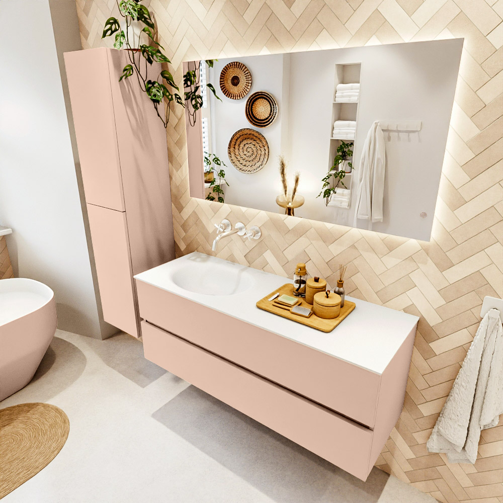 MONDIAZ VICA 130cm mueble de baño Rosee 2 cajones. Lavabo MOON Izquierda sin orificio color Talc con espejo LED. 1 MONDIAZ VICA 130cm mueble de baño Rosee 2 cajones. Lavabo MOON Izquierda sin orificio color Talc con espejo LED.