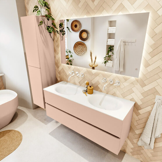 MONDIAZ VICA 130cm mueble de baño Rosee 2 cajones. Lavabo MOON Doble sin orificio color Talc con espejo LED.