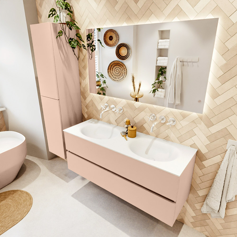 MONDIAZ VICA 130cm mueble de baño Rosee 2 cajones. Lavabo MOON Doble sin orificio color Talc con espejo LED. 1 MONDIAZ VICA 130cm mueble de baño Rosee 2 cajones. Lavabo MOON Doble sin orificio color Talc con espejo LED.
