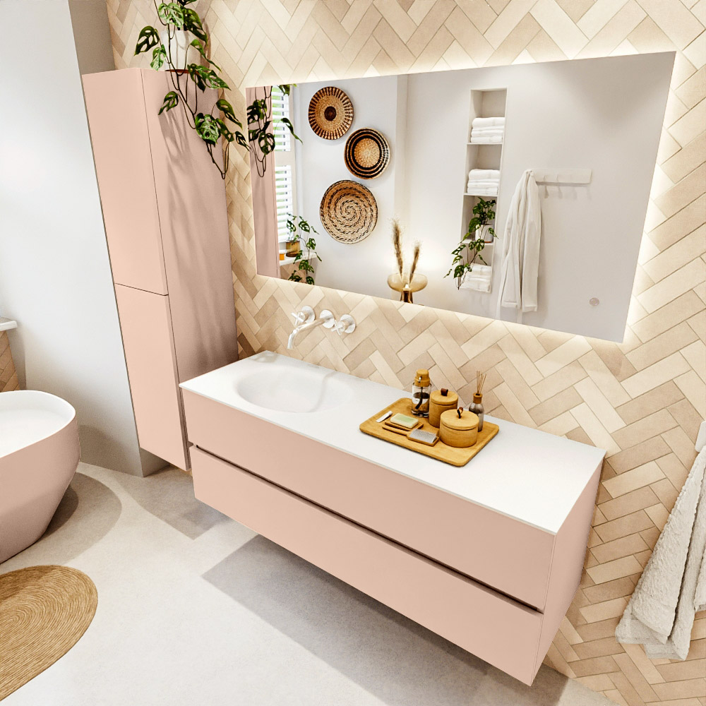 MONDIAZ VICA 140cm mueble de baño Rosee 2 cajones. Lavabo MOON Izquierda sin orificio color Talc con espejo LED. 1 MONDIAZ VICA 140cm mueble de baño Rosee 2 cajones. Lavabo MOON Izquierda sin orificio color Talc con espejo LED.