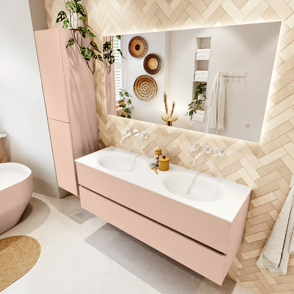 MONDIAZ VICA 140cm mueble de baño Rosee 2 cajones. Lavabo MOON Doble sin orificio color Talc con espejo LED. 1 MONDIAZ VICA 140cm mueble de baño Rosee 2 cajones. Lavabo MOON Doble sin orificio color Talc con espejo LED.