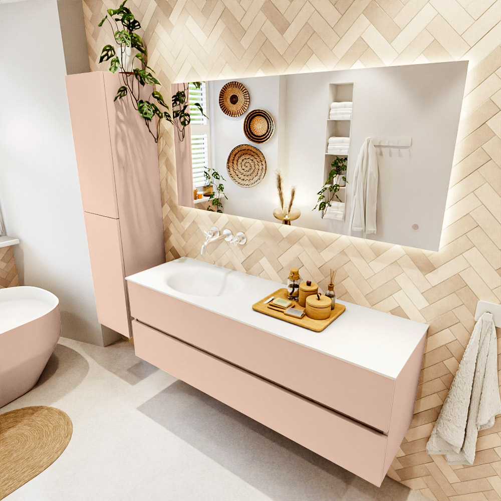 MONDIAZ VICA 150cm mueble de baño Rosee 2 cajones. Lavabo MOON Izquierda sin orificio color Talc con espejo LED. 1 MONDIAZ VICA 150cm mueble de baño Rosee 2 cajones. Lavabo MOON Izquierda sin orificio color Talc con espejo LED.
