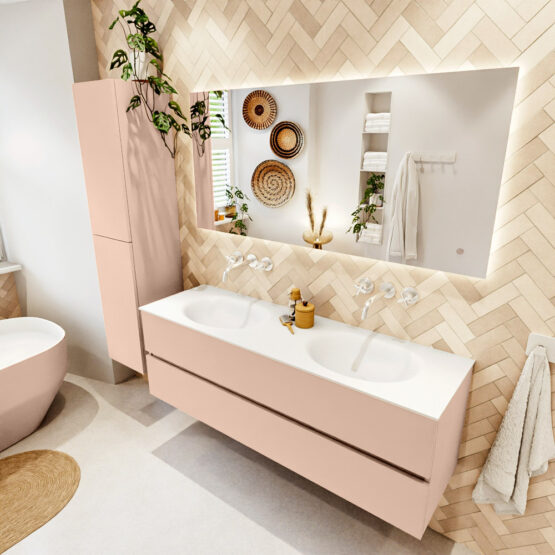 MONDIAZ VICA 150cm mueble de baño Rosee 2 cajones. Lavabo MOON Doble sin orificio color Talc con espejo LED.