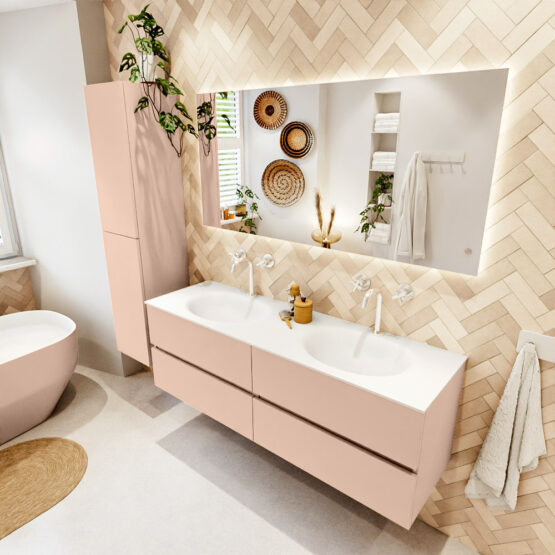 MONDIAZ VICA 150cm mueble de baño Rosee 4 cajones. Lavabo MOON Doble 2 orificios color Talc con espejo LED.