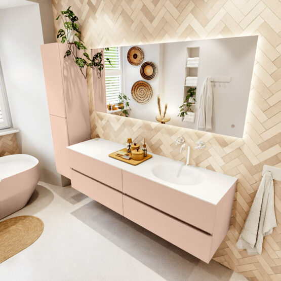 MONDIAZ VICA 170cm mueble de baño Rosee 4 cajones. Lavabo MOON Derecho 1 orificio color Talc con espejo LED.