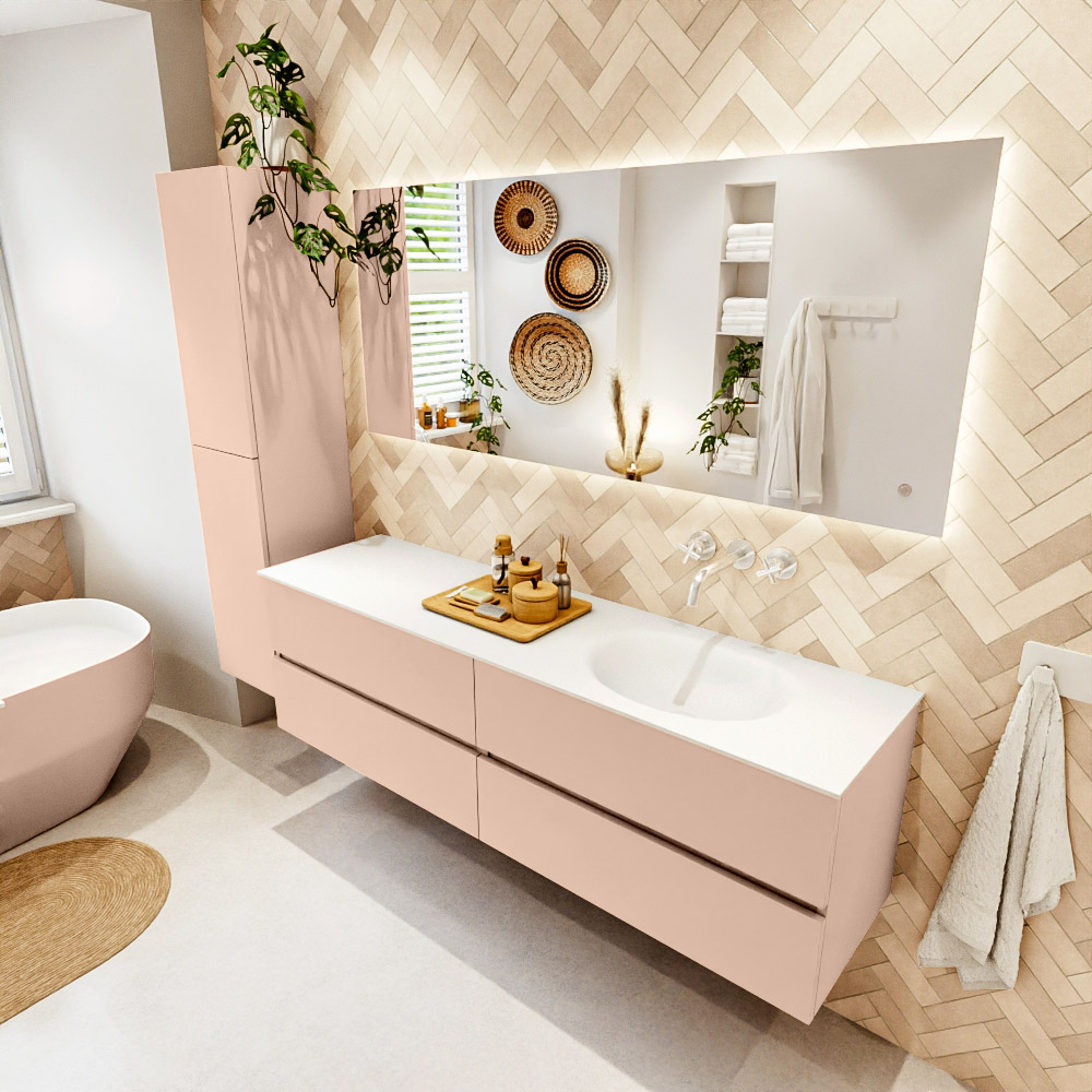 MONDIAZ VICA 170cm mueble de baño Rosee 4 cajones. Lavabo MOON Derecho sin orificio color Talc con espejo LED. 1 MONDIAZ VICA 170cm mueble de baño Rosee 4 cajones. Lavabo MOON Derecho sin orificio color Talc con espejo LED.