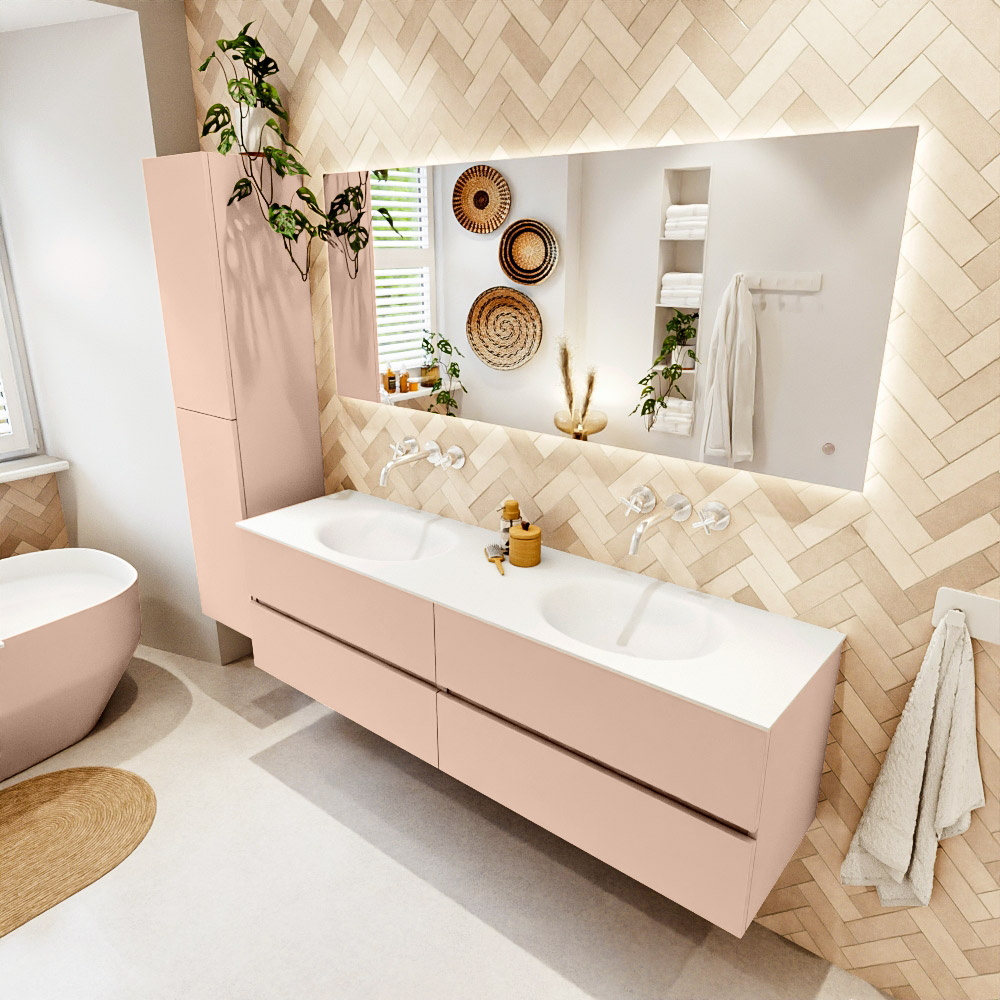 MONDIAZ VICA 170cm mueble de baño Rosee 4 cajones. Lavabo MOON Doble sin orificio color Talc con espejo LED. 1 MONDIAZ VICA 170cm mueble de baño Rosee 4 cajones. Lavabo MOON Doble sin orificio color Talc con espejo LED.