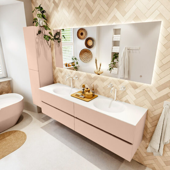 MONDIAZ VICA 180cm mueble de baño Rosee 4 cajones. Lavabo MOON Doble 2 orificios color Talc con espejo LED.