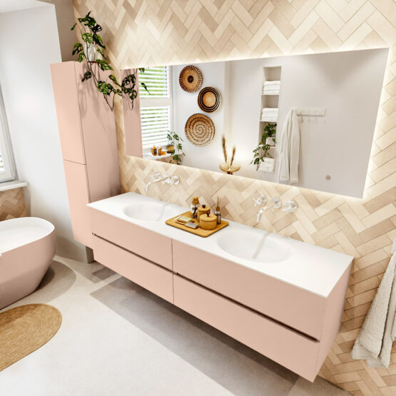 MONDIAZ VICA 190cm mueble de baño Rosee 4 cajones. Lavabo MOON Doble sin orificio color Talc con espejo LED.