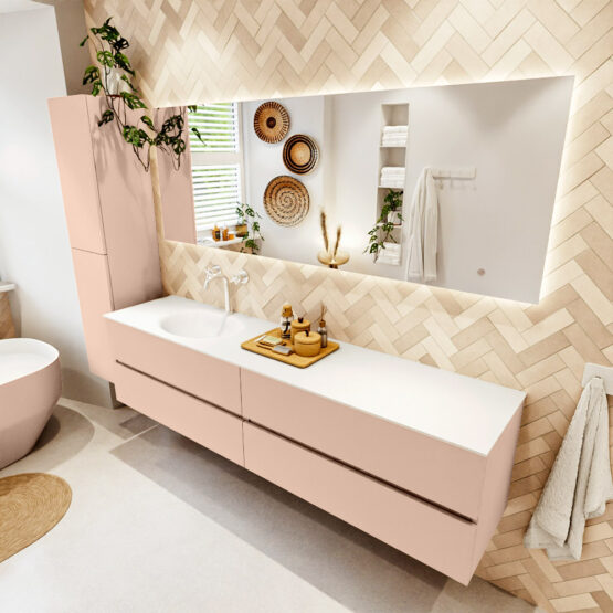 MONDIAZ VICA 200cm mueble de baño Rosee 4 cajones. Lavabo MOON Izquierda 1 orificio color Talc con espejo LED.