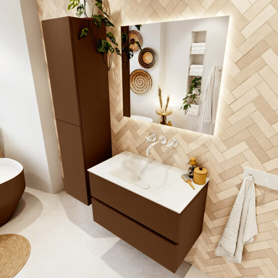 MONDIAZ VICA 80cm mueble de baño Rust 2 cajones. Lavabo CLOUD Centro sin orificio color Talc con espejo LED.